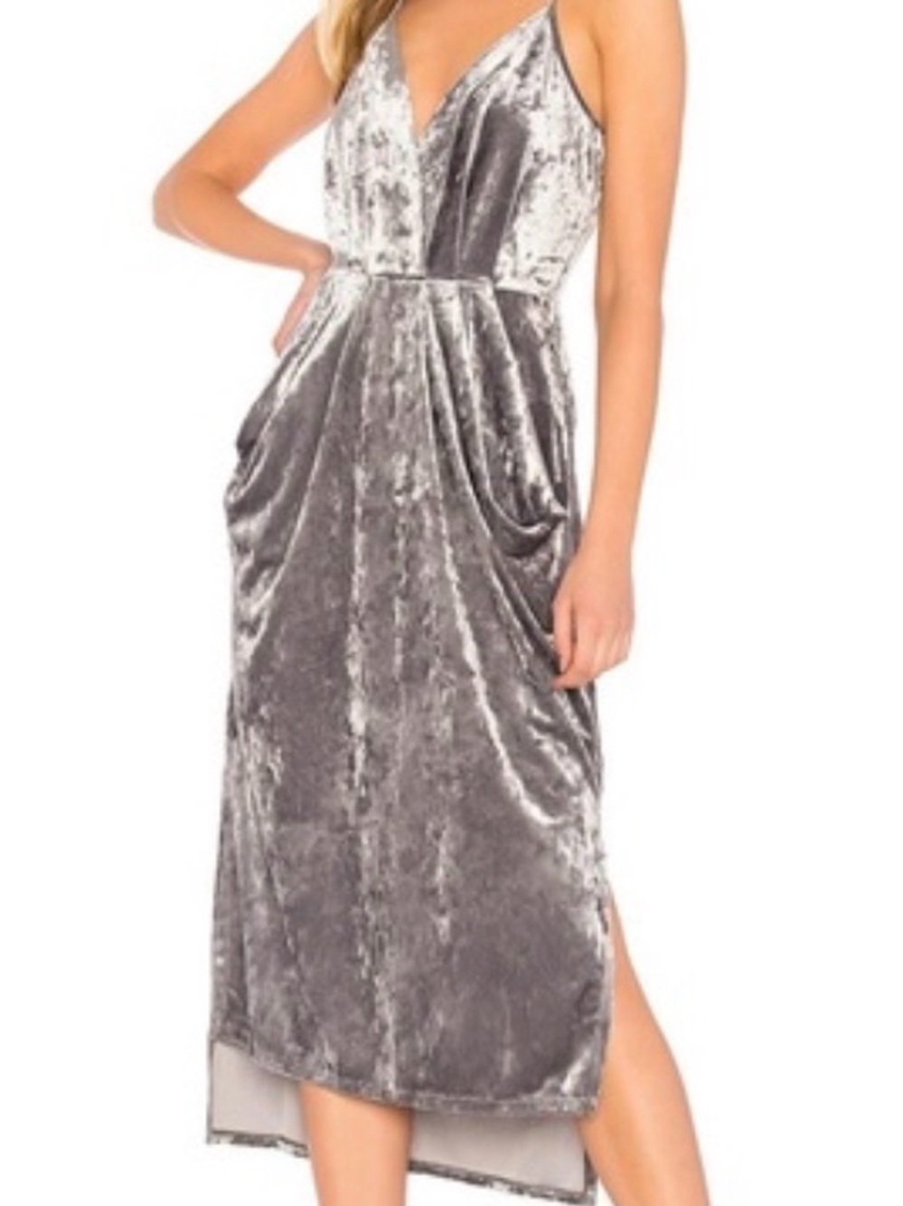 BCBGeneration Silver Velvet V-Neck Midi Dress